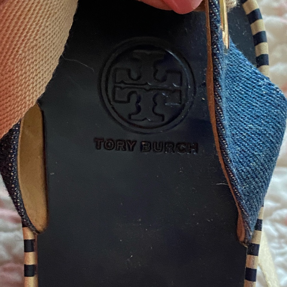 Tory Burch Blue Denim Dandy Ankle Wrap Espadrille Wedge Sandals - Picture 7 of 8